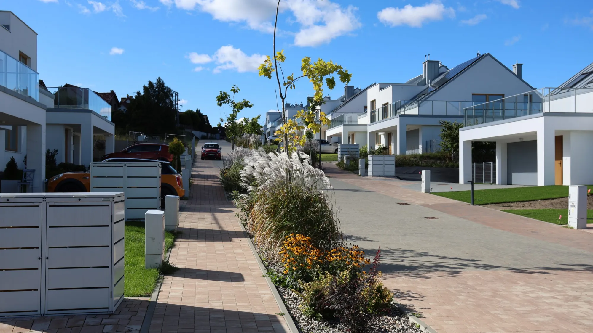 Woonerf w Brizo Park z nasadzeniami i domami po obu stronach